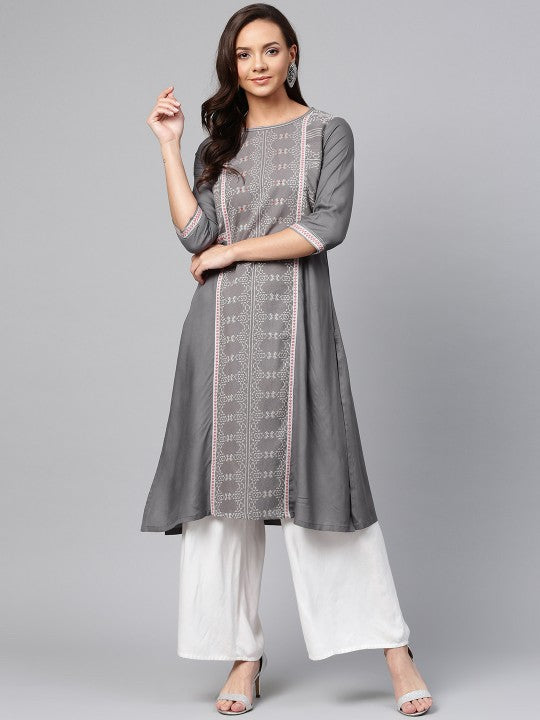 W Women Grey Woven Design A-line Kurta