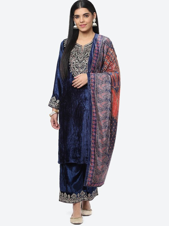 Biba Women Ethnic Motifs Yoke Design Velvet Kurta with Palazzos & Dupatta