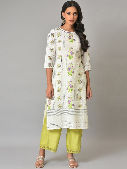 W Floral Printed Round Neck Straight Regular Kurta