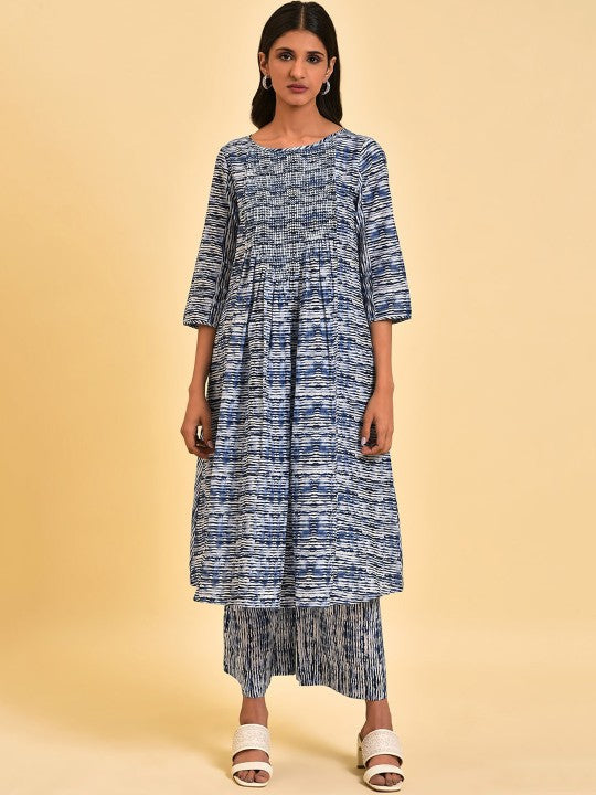 W Blue & White Striped A-Line Pure Cotton Kurta With Trousers