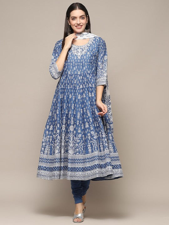 Biba Floral Printed Empire Thread Work Pure Cotton Kurta With Churidar & Dupatta