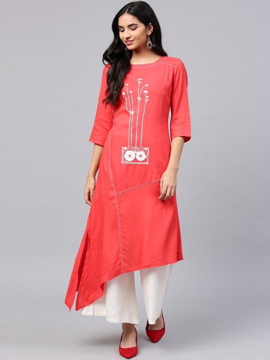 W Women Coral Pink Quirky Print A-Line Kurta