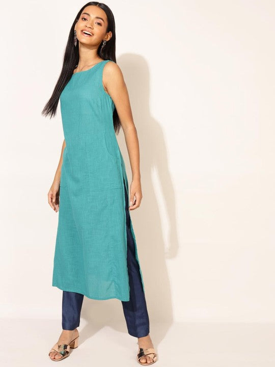 Fabindia Women Turquoise Blue Thread Work Kurta