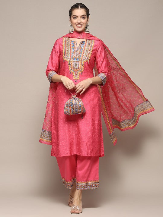 Biba Ethnic Motifs Printed Pure Cotton Kurta with Palazzos & With Dupatta