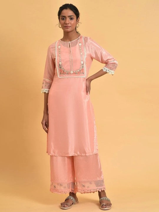 W Women Pink Floral Yoke Design Keyhole Neck Thread Work Kurta