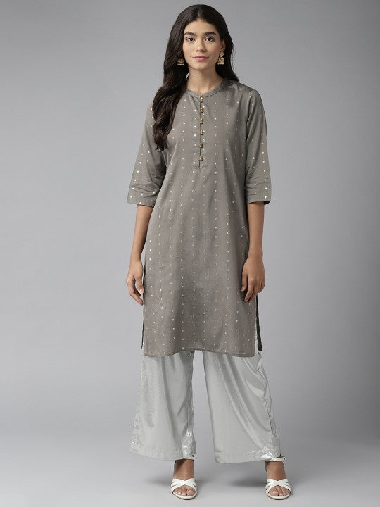 W Women Grey & Golden Ethnic Motifs Printed Kurta