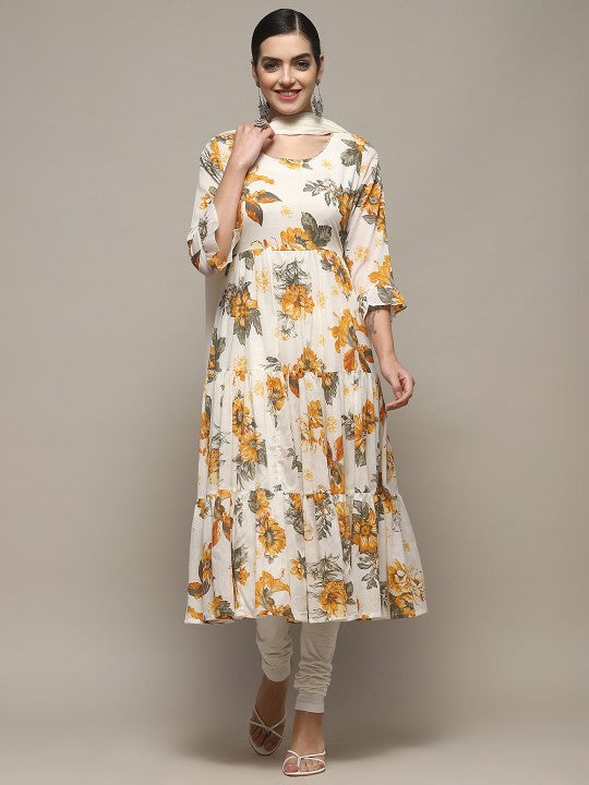 Biba Floral Printed Pleated Pure Cotton Kurta with Churidar & Dupatta