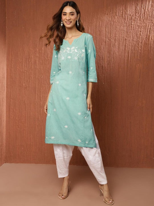 Fabindia Floral Embroidered Pure Cotton Chikankari Straight Kurta