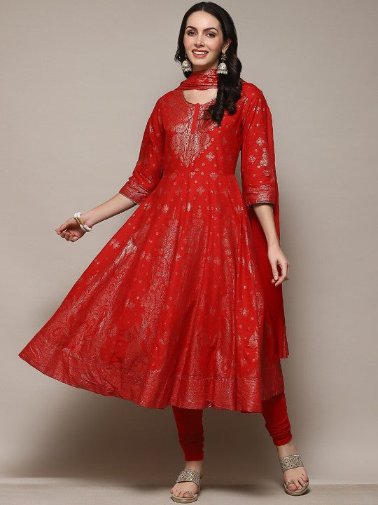 Biba Ethnic Motifs Printed Tie-Up Anarkali Kurta with Churidar And Dupatta