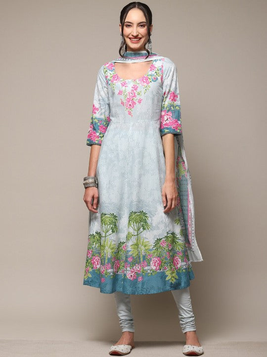 Biba Floral Printed Regular Kurta With Churidar & Dupatta