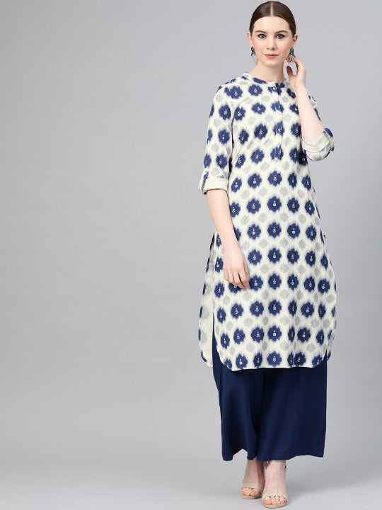W Women Off-White & Navy Blue Printed Mandarin Straight Kurta