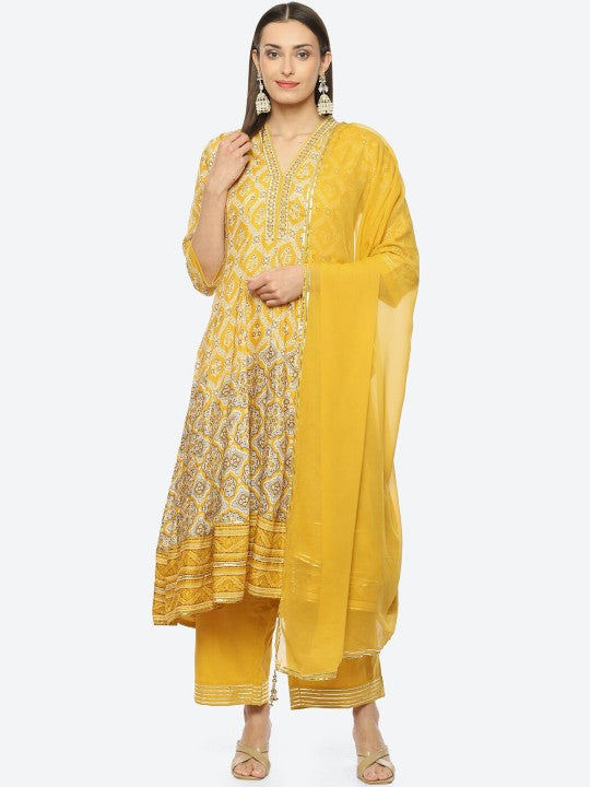 Biba Ethnic Motifs Printed V Neck Gotta Patti Anarkali Kurta with Trousers & Dupatta