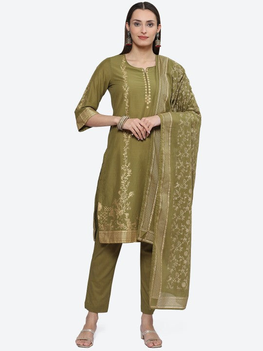 Biba Ethnic Motifs Foil Printed Panelled Pure Cotton Kurta with Trousers & Dupatta