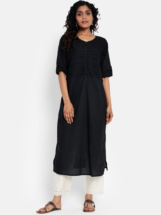 Fabindia FabBasic Women Black Thread Work Cotton Kurta