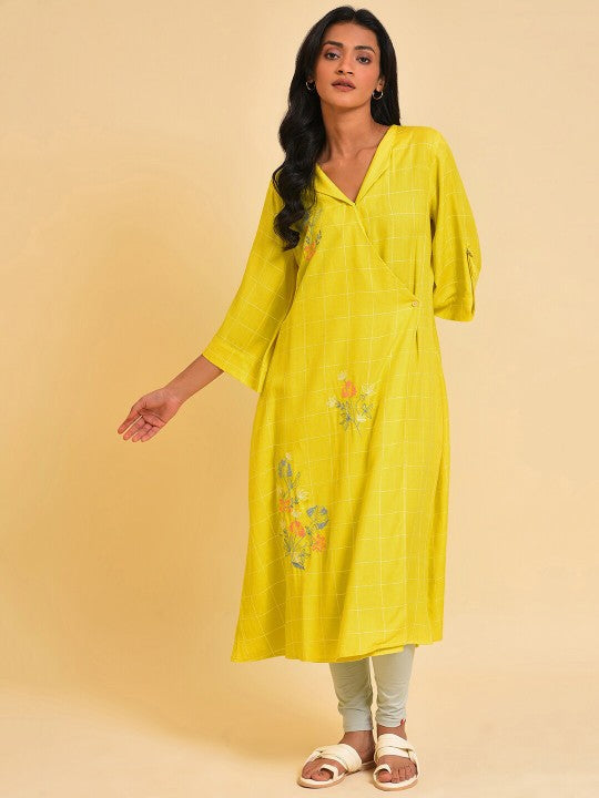 W Yellow Floral Printed A-Line Angrakha Kurta