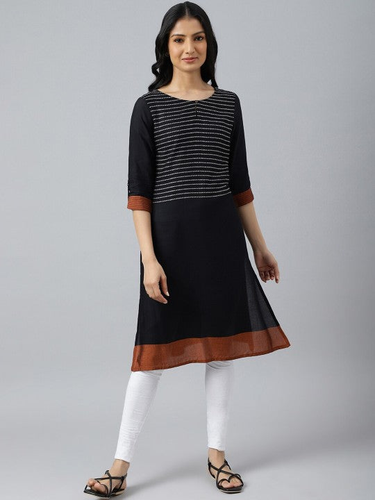 W Women Black & Brown Thread Work Straight Kurta