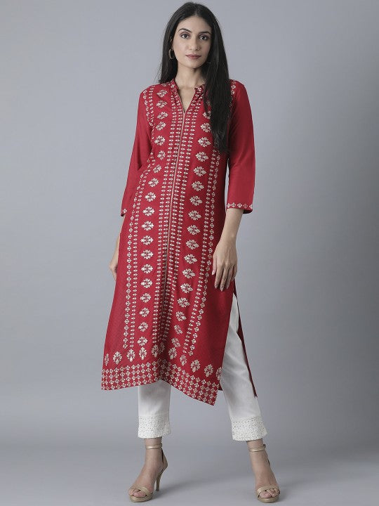 W Women Maroon Ethnic Motifs Printed Kurta
