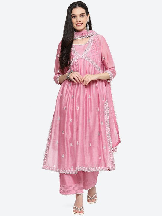 Biba Ethnic Motifs Embroidered Sequined A-Line Kurta with Palazzos & Dupatta - Mauve