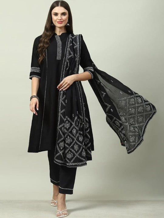 Biba Yoke Design Embroidered A-Line Kurta With Trousers & Dupatta