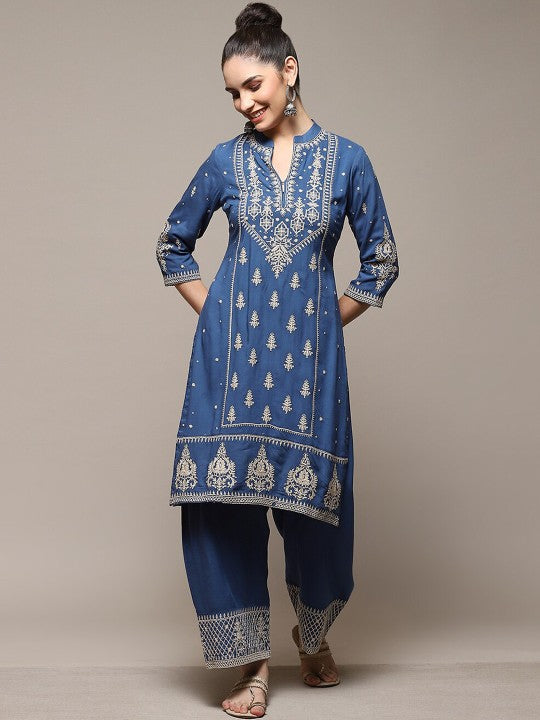 Biba Ethnic Motifs Printed Kurta with Palazzos - Blue & Gold