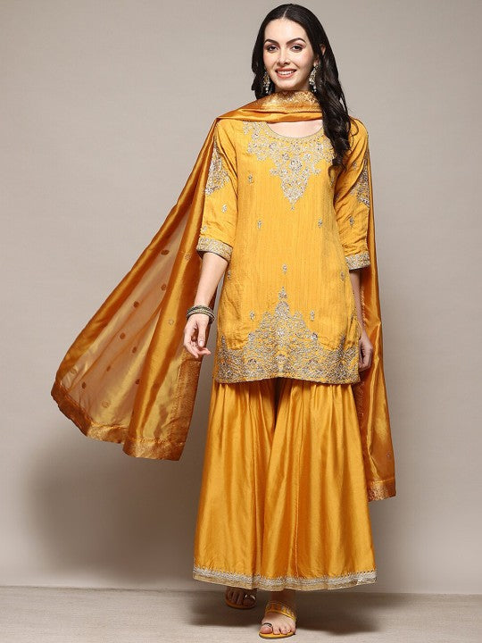 Biba Ethnic Motifs Embroidered Thread Work Detailed Straight Kurta & Sharara with Dupatta