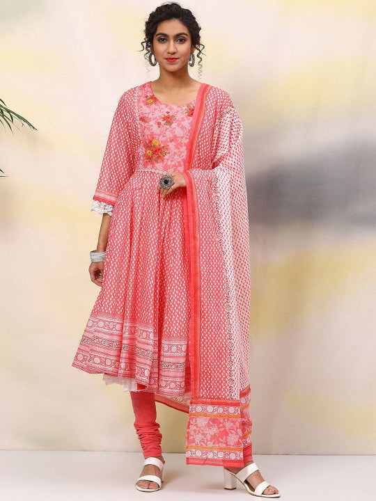 Biba Women Floral Printed Regular Thread Work Pure Cotton Kurta with Churidar & With Dupatta