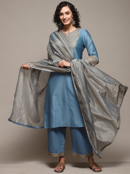 Biba Ethnic Motifs Yoke Design Kurta With Palazzos & Dupatta