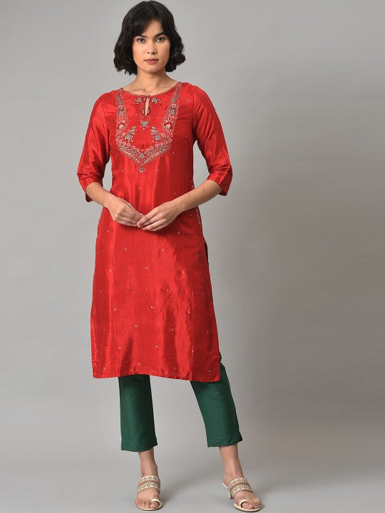 W Floral Embroidered Keyhole Neck Kurta with Trousers