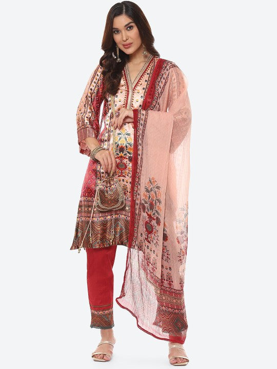 Biba Women Maroon Floral Printed Kurta with Trousers & With Dupatta