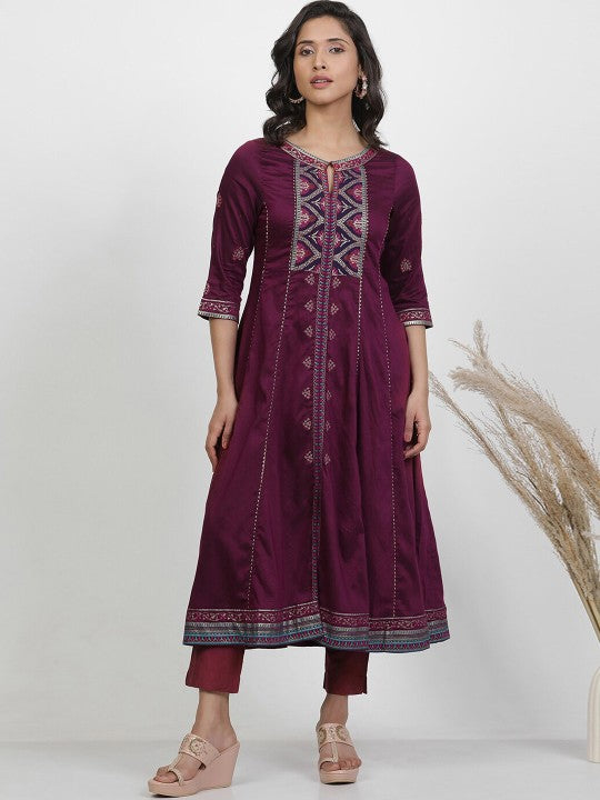 W Floral Printed Keyhole Neck Regular Kurta with Trousers - Purple