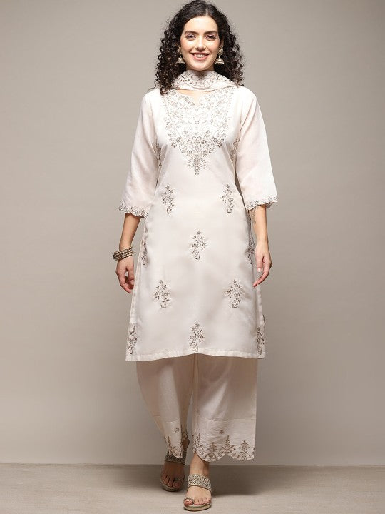 Biba Floral Embroidered Regular Kurta with Palazzos & Dupatta