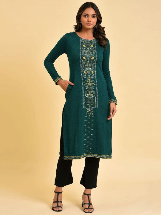 W Green Geometric Embroidered Straight Kurta