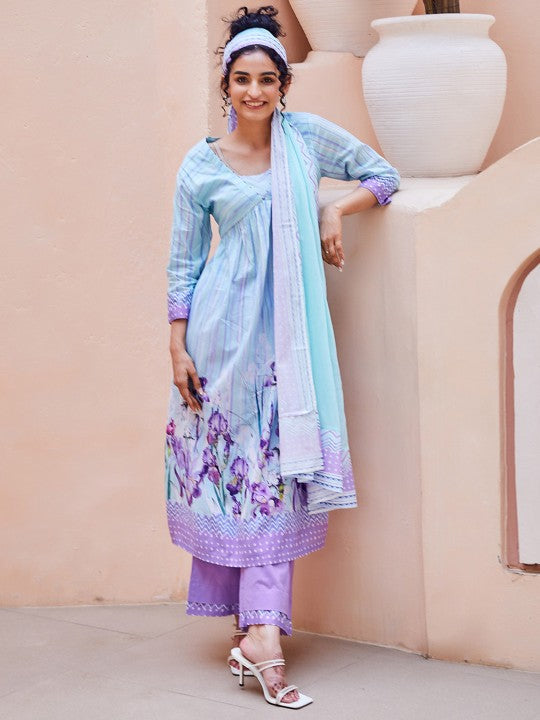 Biba Women Floral Printed Regular Pure Cotton Kurta with Palazzos & With Dupatta - Blue