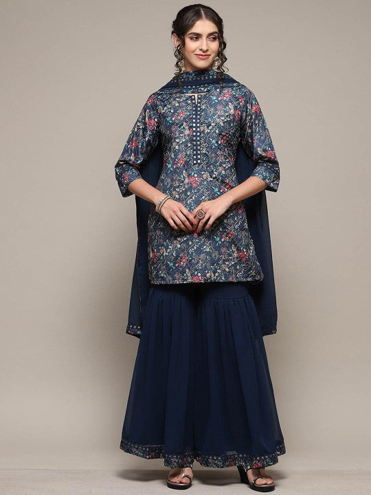 Biba Floral Printed Round Neck Sequinned Regular Kurta & Sharara With Dupatta