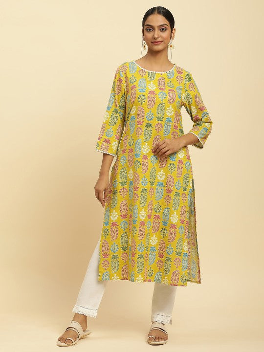 W Floral Printed Cotton Kurta - Yellow