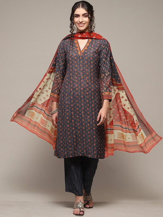 Biba Ethnic Motifs Printed V Neck Regular Kurta with Trousers & With Dupatta