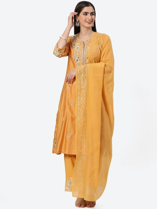 Biba Ethnic Motifs Embroidered Kurta With Trousers & Dupatta - Mustard Yellow