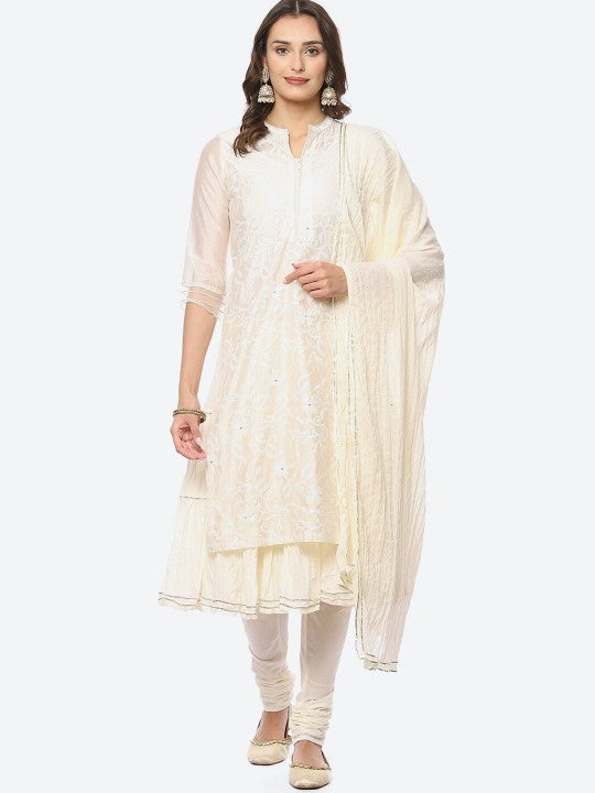 Biba Women Ethnic Motifs Embroidered Chikankari Kurta with Churidar & Dupatta