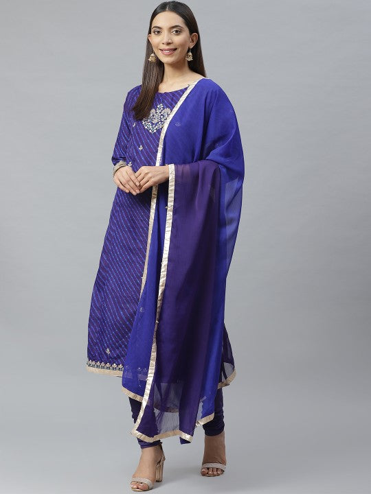 Biba Women Blue & Silver Leheriya Print & Embroidered Kurta with Churidar & Dupatta