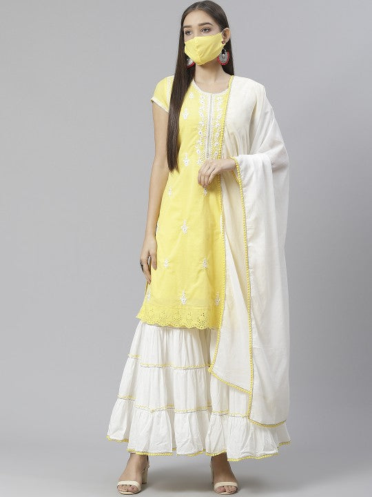 Biba Women Yellow & White Chikankari Embroidered Kurta with Sharara & Dupatta