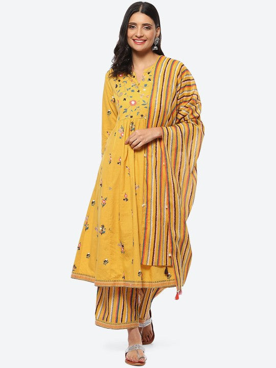 Biba Women Floral Embroidered Kurta with Palazzos & With Dupatta