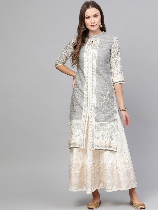 W Women Grey & Off-White Printed Straight Kurta