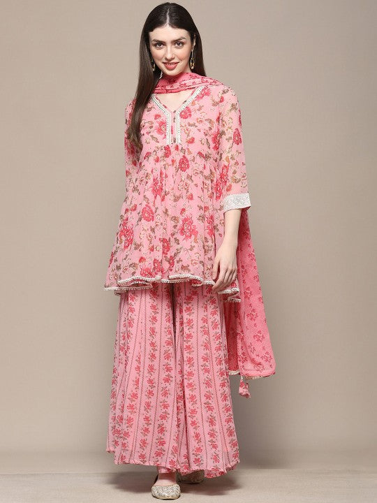 Biba Floral Printed A-Line Kurta & Sharara With Dupatta