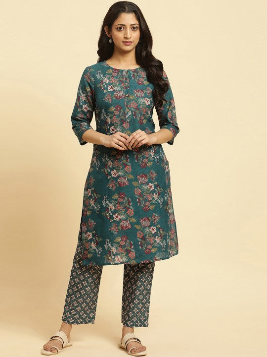 W Floral Printed Regular Pure Cotton Kurta with Trousers - Green