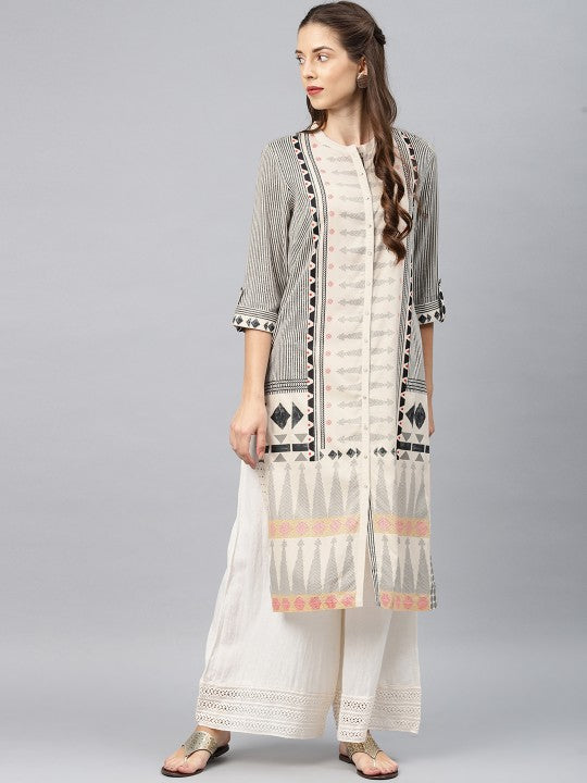 W Women Off-White & Black Printed Straight Kurta