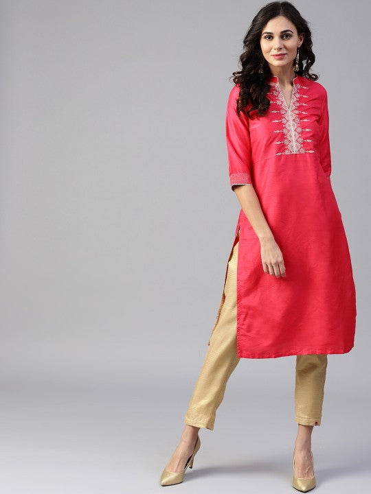 W Women Coral Pink Solid Straight Kurta
