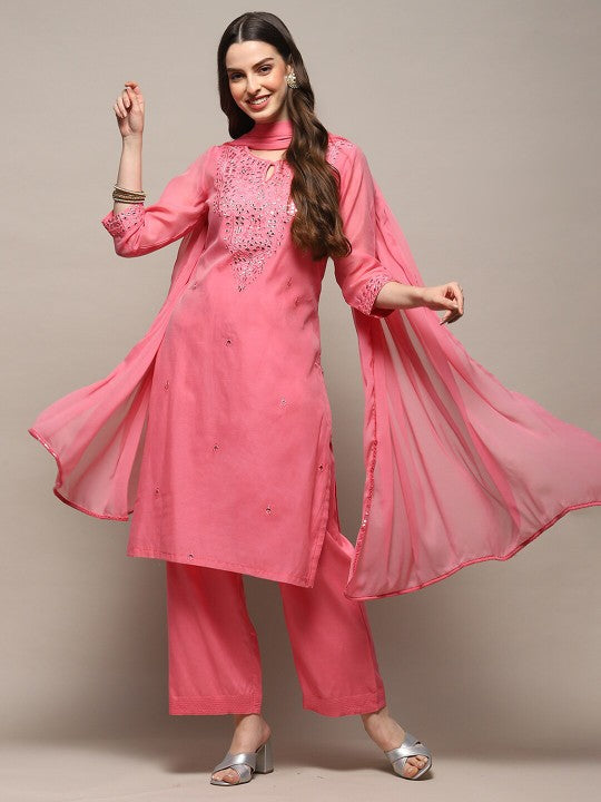 Biba Ethnic Motifs Embroidered Mirror Work Detailed Straight Kurta & Palazzo With Dupatta