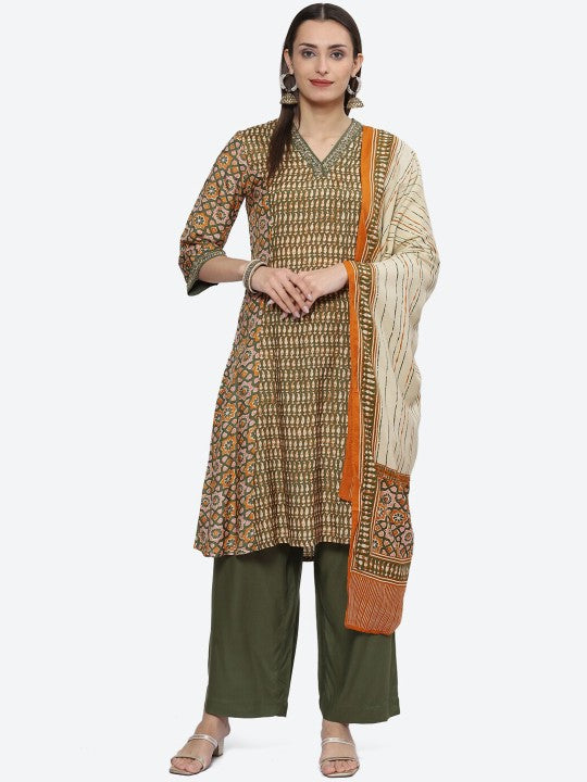 Biba Ethnic Motifs Printed Sequined A-Line Kurta with Palazzos & Dupatta