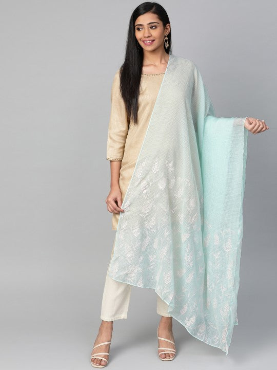 W Sea Green & White Printed Dupatta