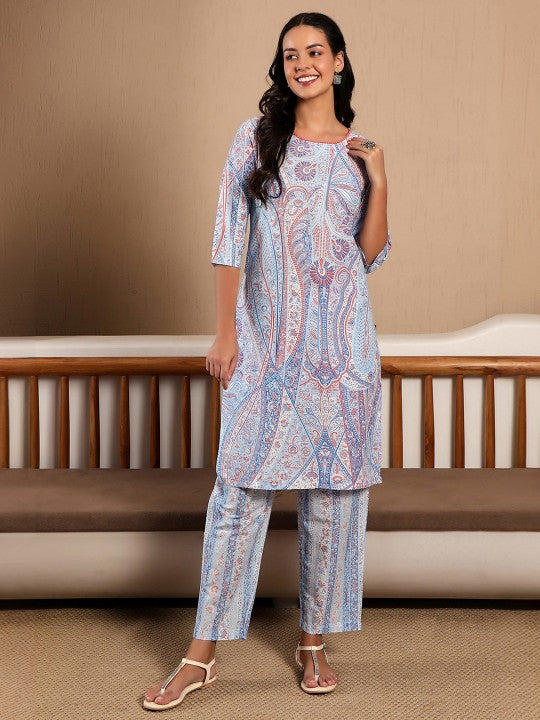 W Blue & White Paisley Printed Pure Cotton Kurta With Trousers